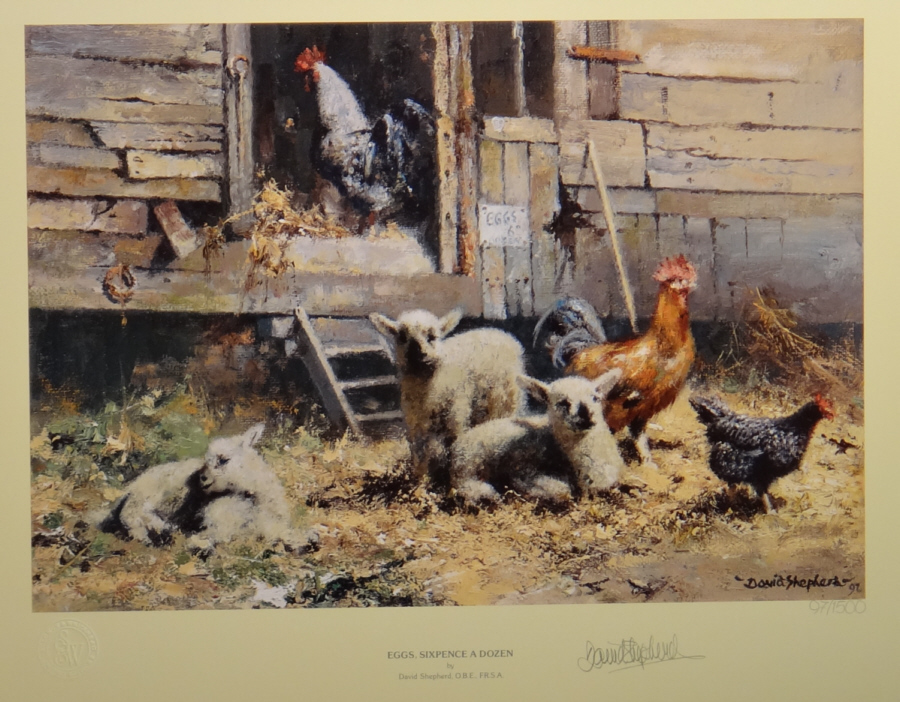 david shepherd eggs sixpence a dozen, chickens, hens, poultry signed print david shepherd eggs sixpence a dozen, chickens, hens, poultry signed print