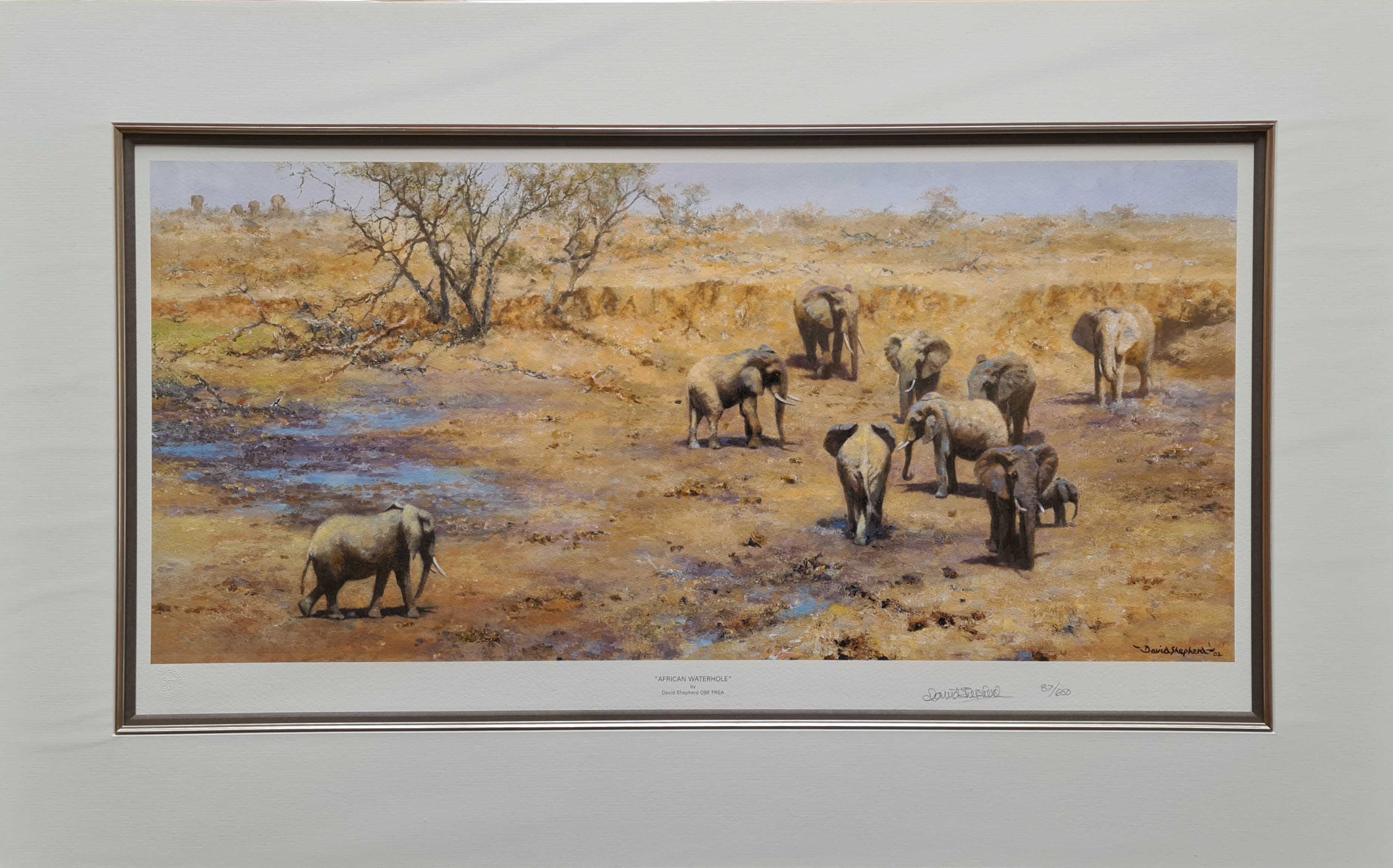 david shepherd african waterhole signed print, mounted