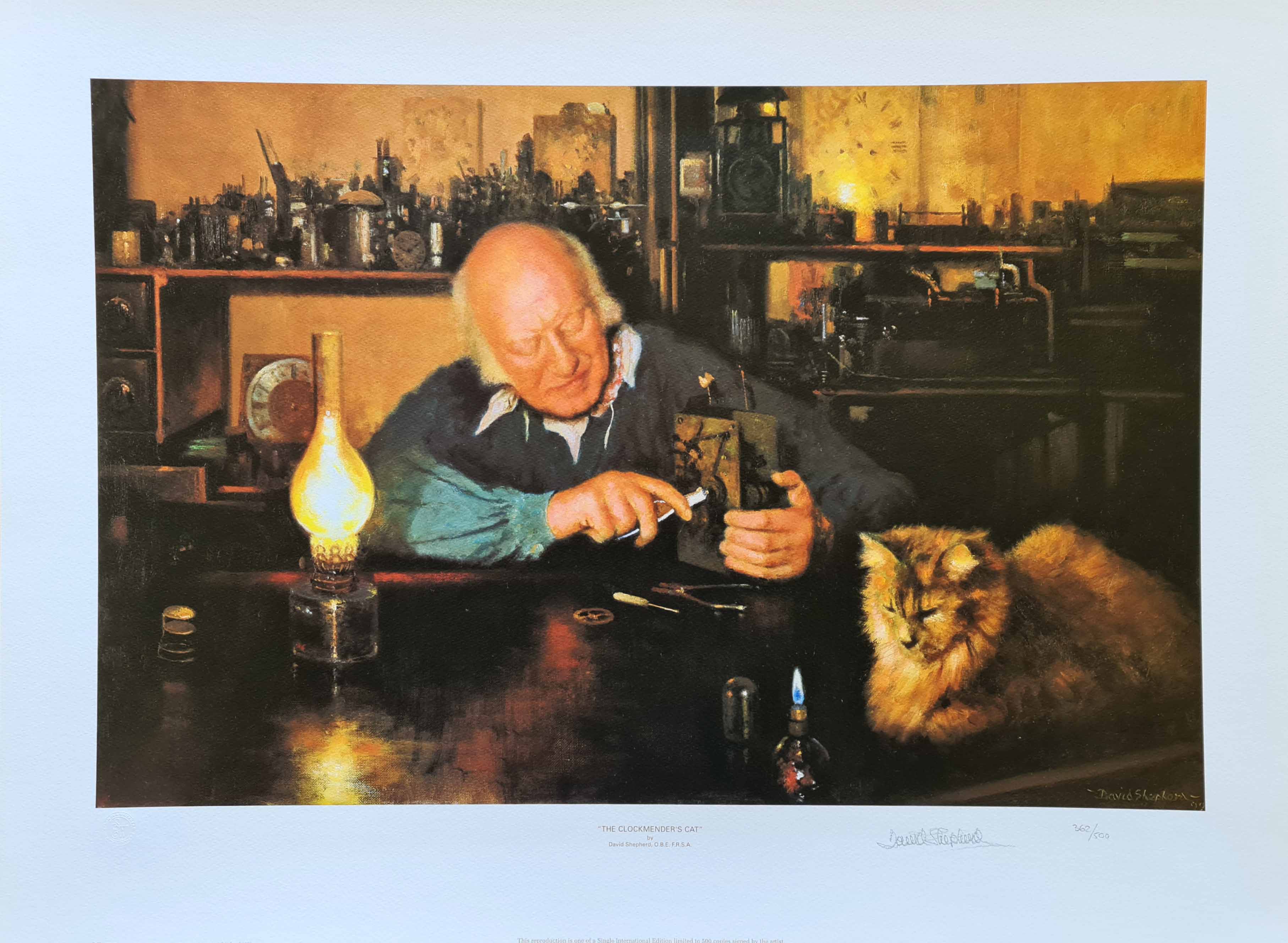 david shepherd, clock mender's cat, signed print