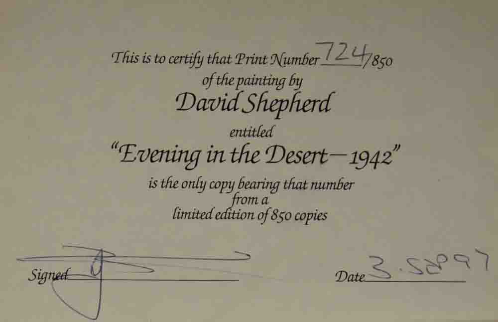 david shepherd, limimited edition pront, Evening in the Desert, rear