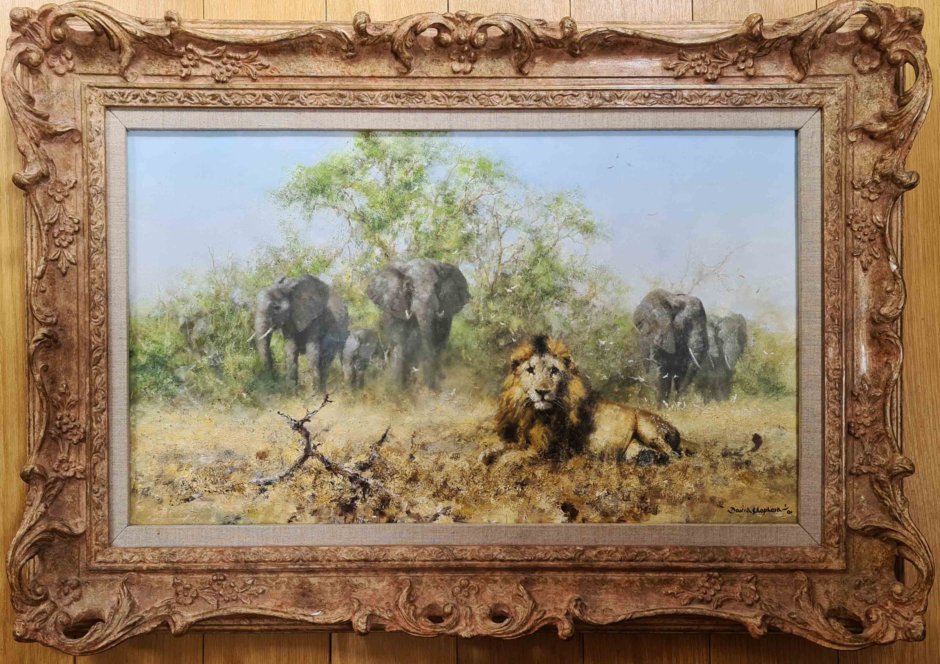 david shepherd original, Elephants and Lion, painting
