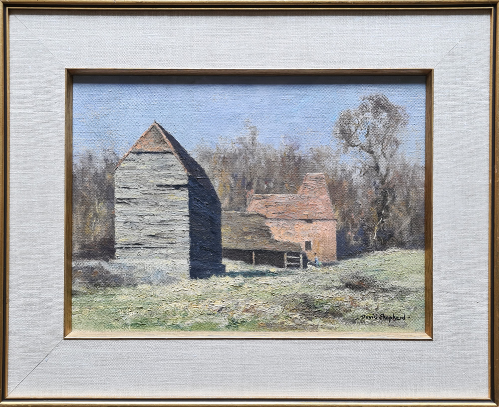 david shepherd original, landscape with buildings, painting