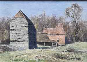 david shepherd painting, landscape with farm buildings