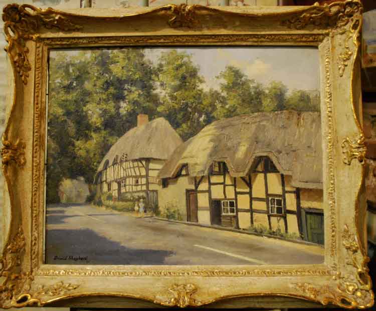 david shepherd original, thatched cottages, wherewell, hampshire, painting