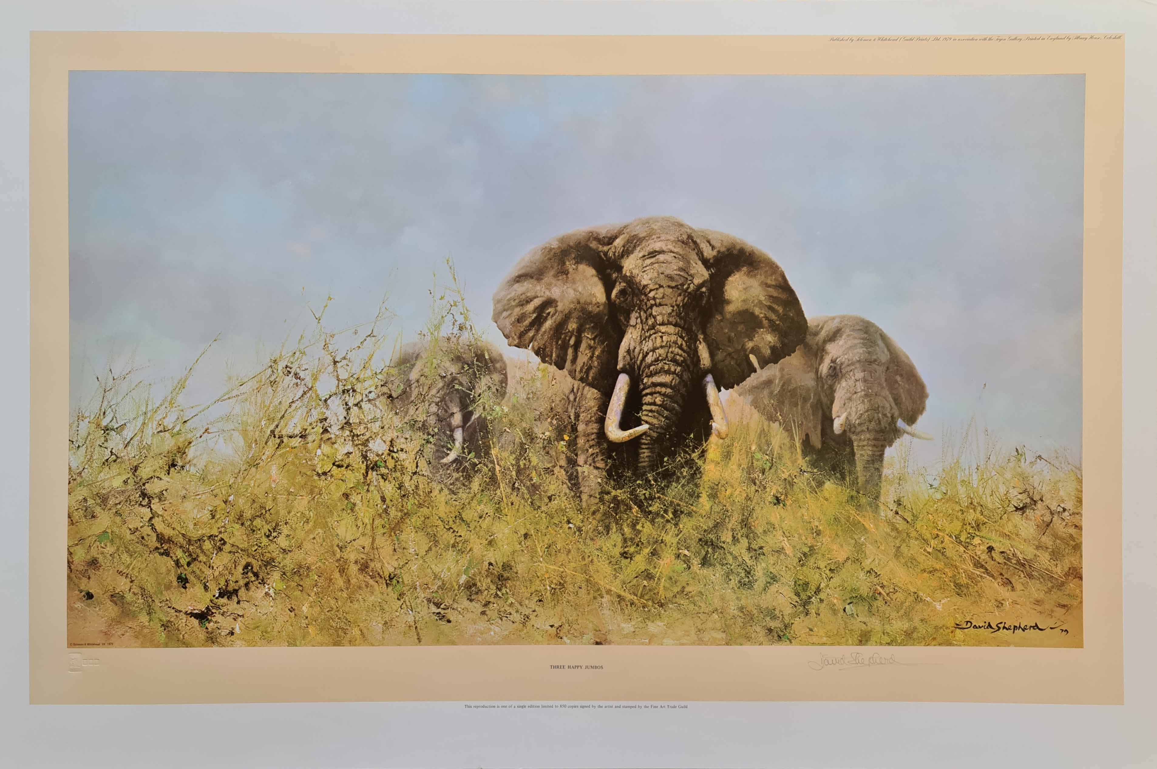 david shepherd signed limited edition print Three Happy Jumbos, elephant