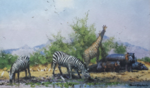 david shepherd watehole trilogy giraffes print 3